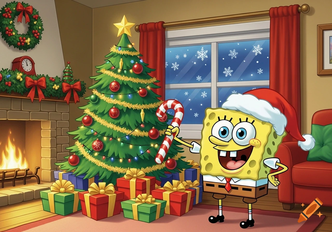 SpongeBob SquarePants wearing a Santa hat and holding a candy cane stands next to a decorated Christmas tree with presents in a cozy living room.