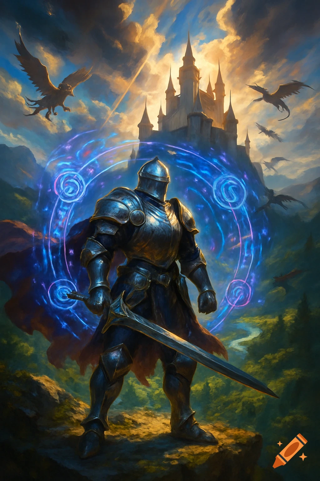 Armored knight with sword and magic aura stands before a castle with flying dragons under a dramatic sky in a fantasy setting.