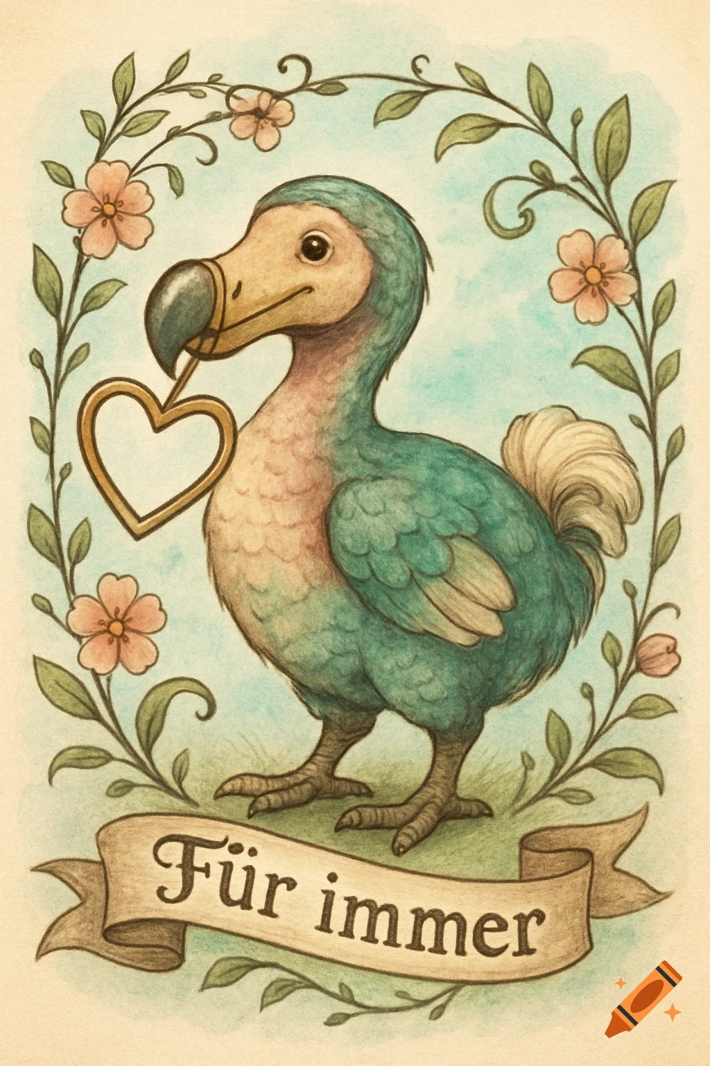 A charming illustration of a dodo bird holding a heart, surrounded by flowers, with 'Für immer' on a banner.