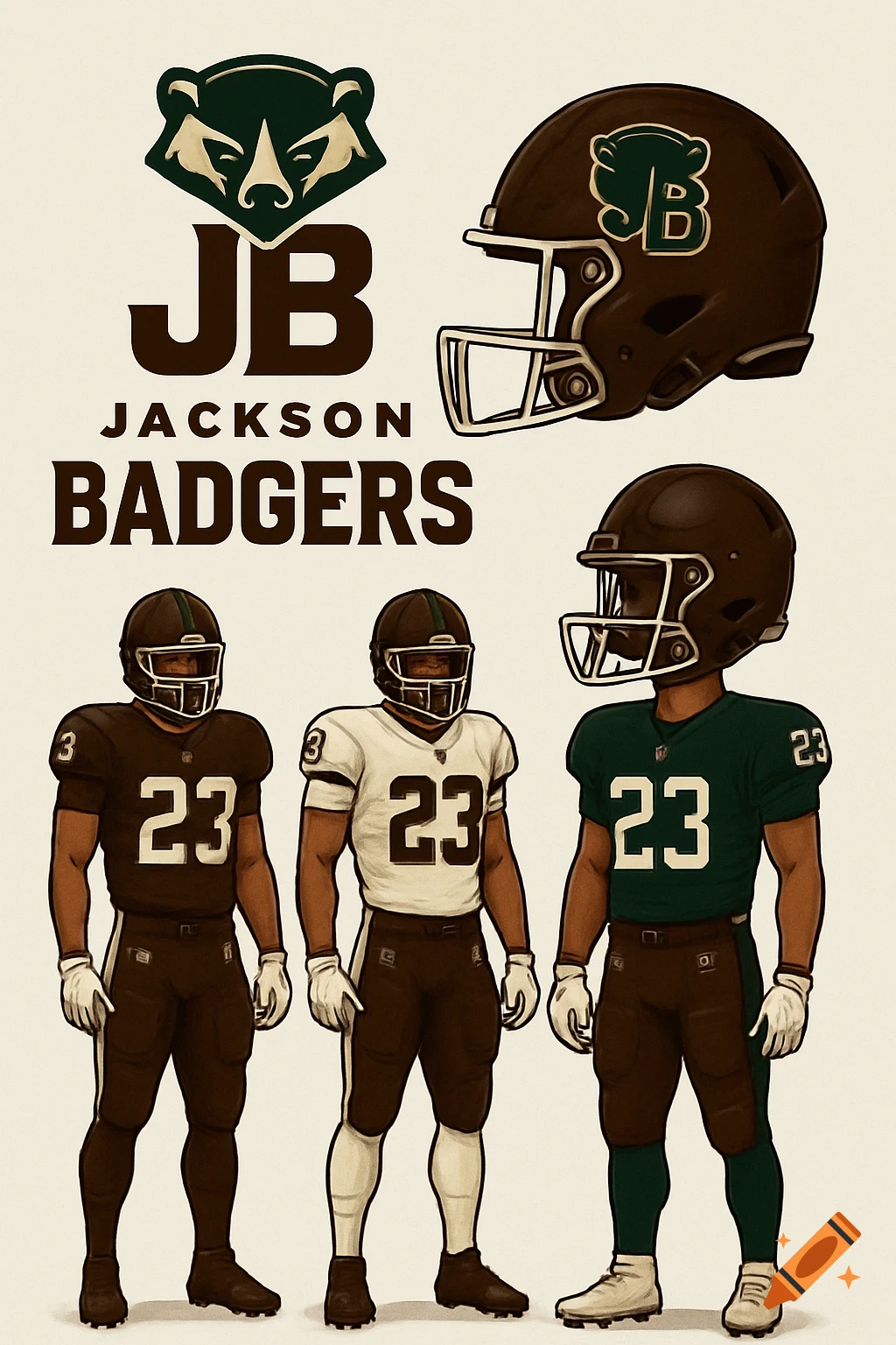 Team branding for the fictional Jackson Badgers football team, featuring a badger head logo, 'JB' monogram, helmet, and three players in home, away, and alternate uniforms in brown, white, and green.