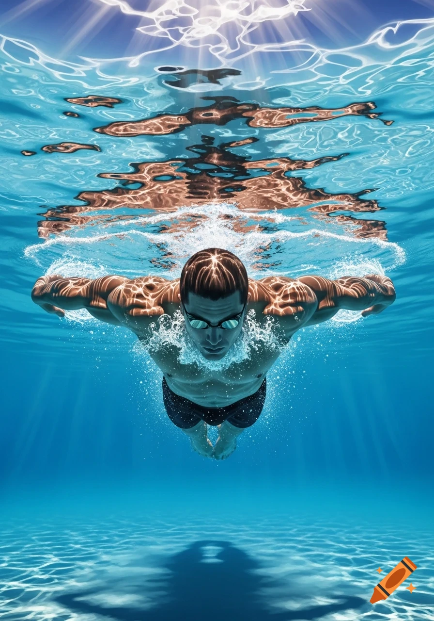 Muscular male swimmer underwater in a butterfly stroke, with light rays piercing the blue water surface from above.