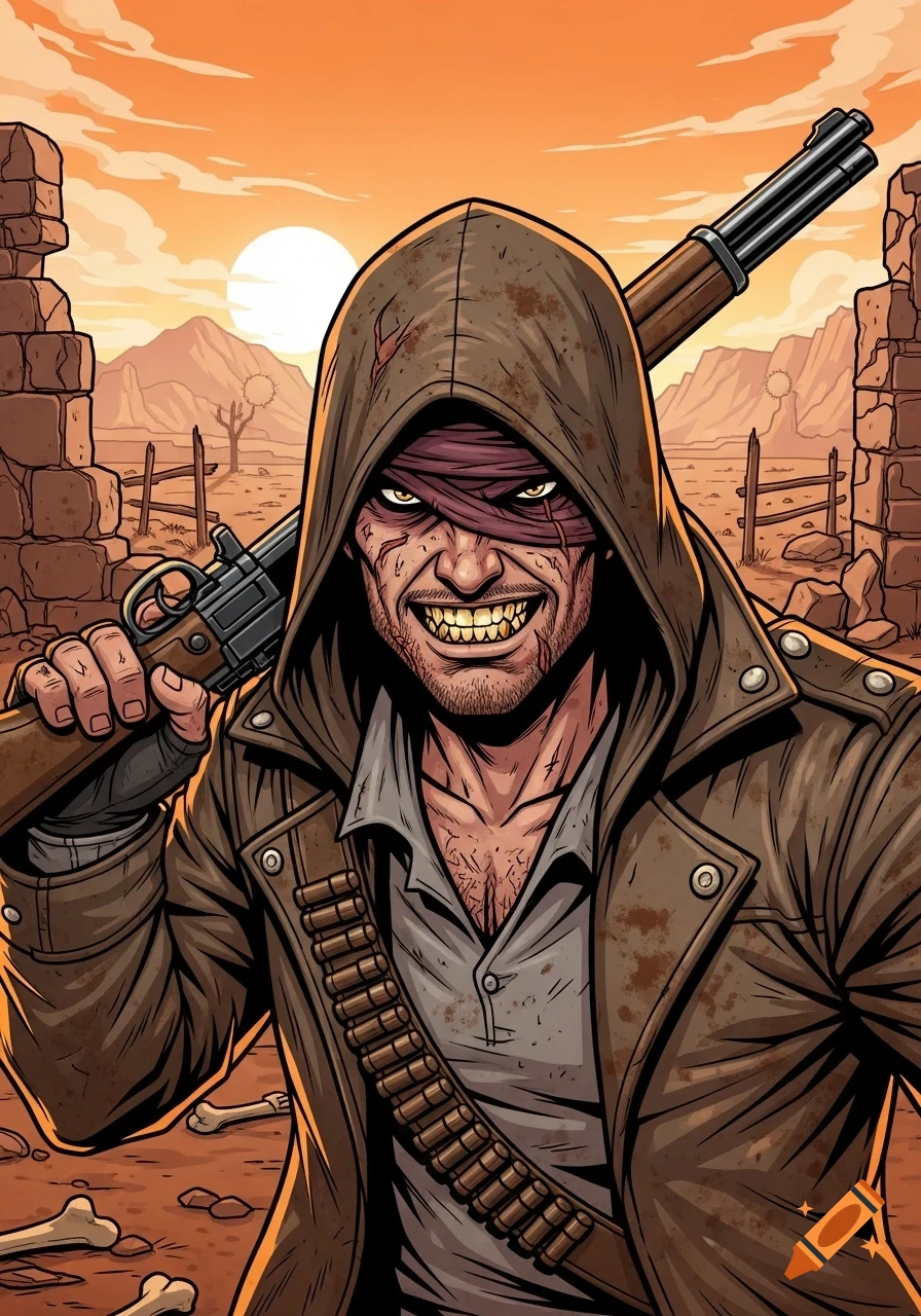 Menacing hooded bandit with a gold tooth grin, holding a rifle in a cel-shaded graphic novel style, set in a desolate Western desert with ruins and bones.