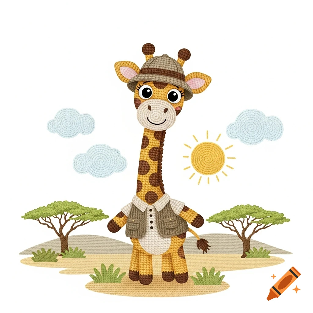 A cute cartoon giraffe in a safari hat and vest, rendered in a faux crochet style, stands in a landscape with trees and clouds.