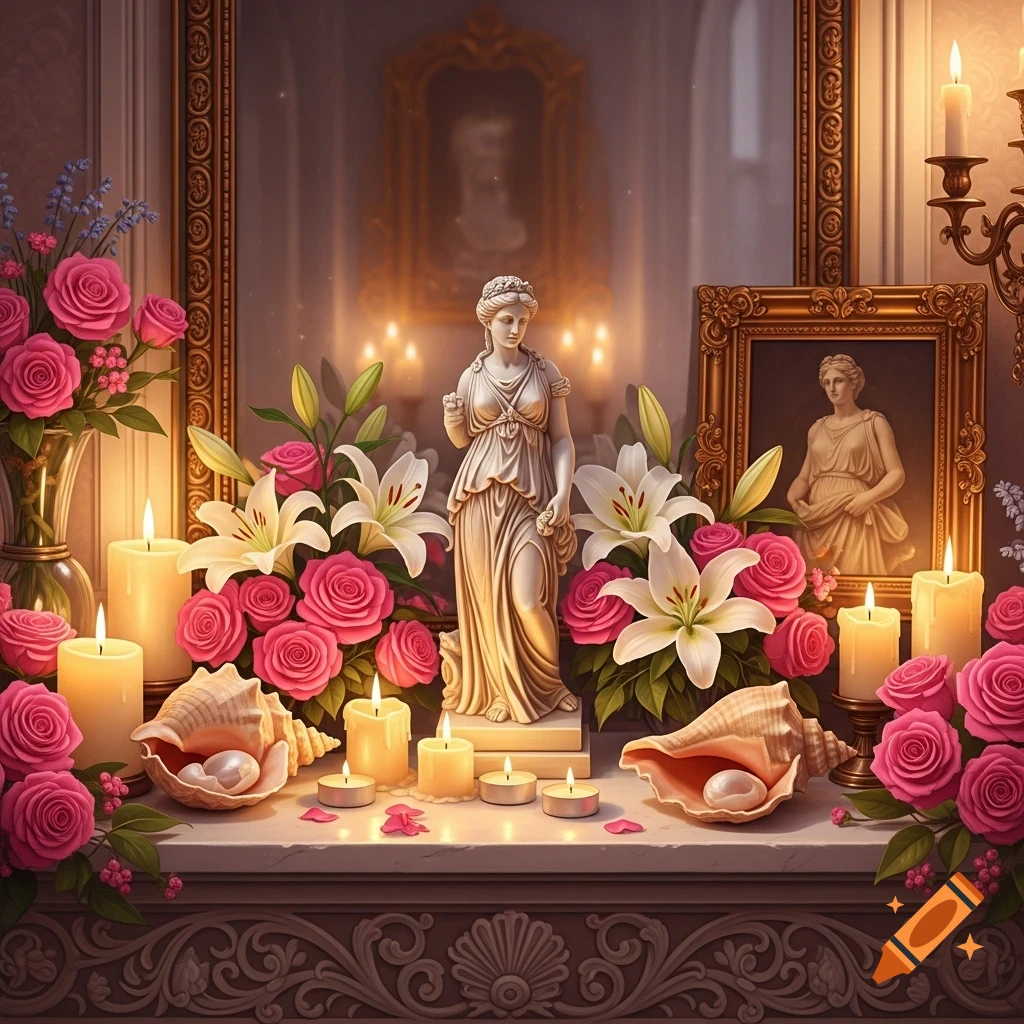 A classical statue of Aphrodite on an ornate altar, adorned with pink roses, white lilies, burning candles, seashells, and gold frames.