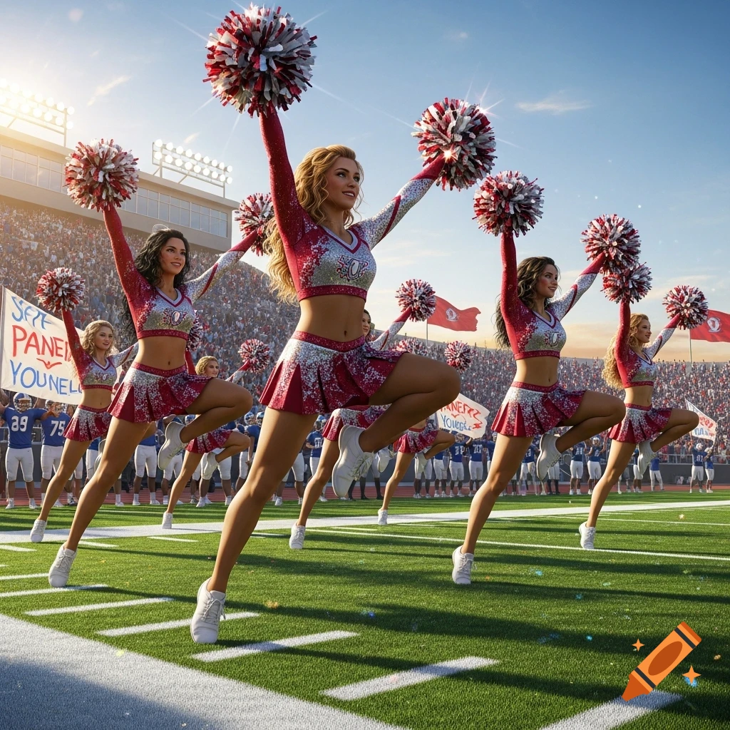 Photorealistic image of multiple cheerleaders in red and white uniforms performing on a green football field in a stadium.