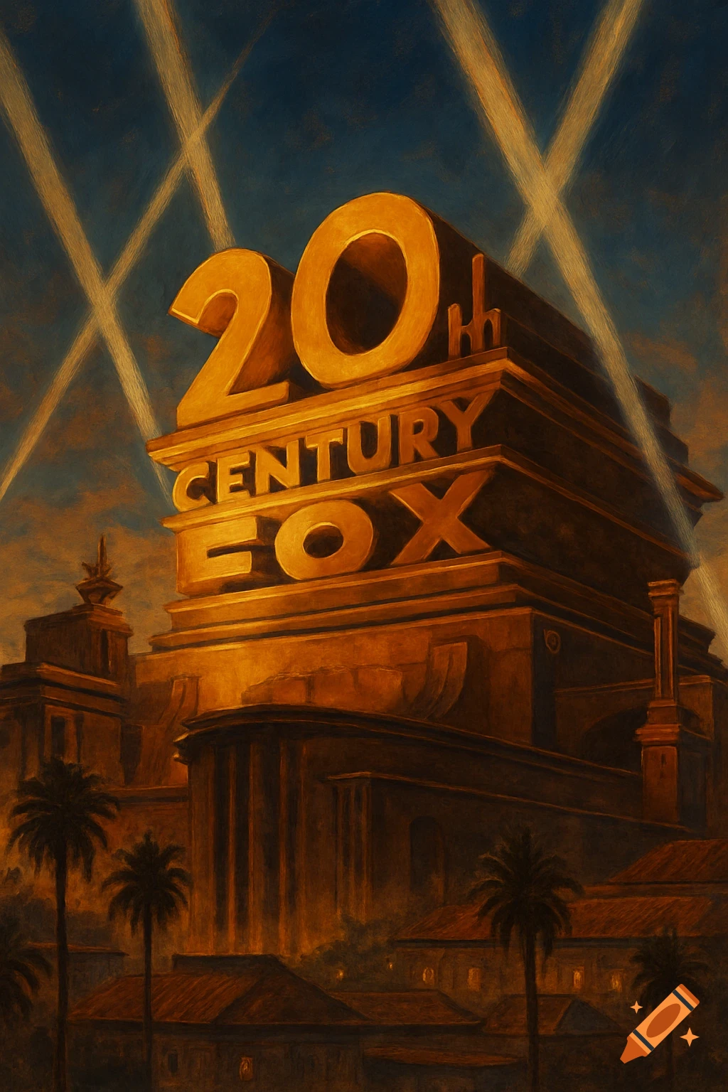 A dramatic, golden 20th Century Fox logo monument with searchlights in the sky, surrounded by palm trees and buildings at dusk.