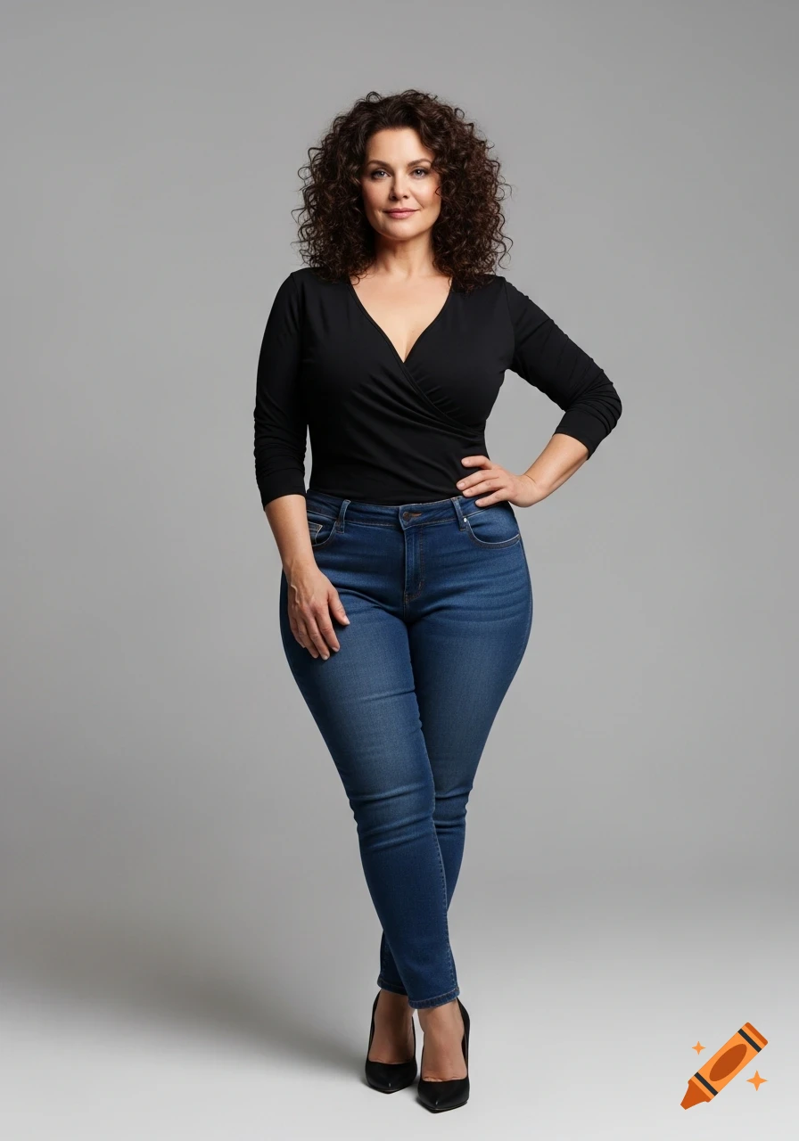 Woman Cur A confident curvy woman with curly brunette hair, wearing a black V ...