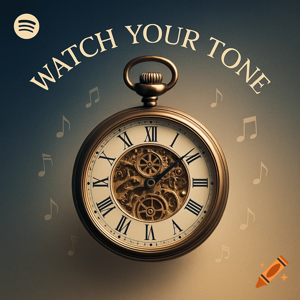 A vintage golden pocket watch with visible gears and Roman numerals. Arched above, text reads 'WATCH YOUR TONE', surrounded by musical notes, with a Spotify logo in the corner.