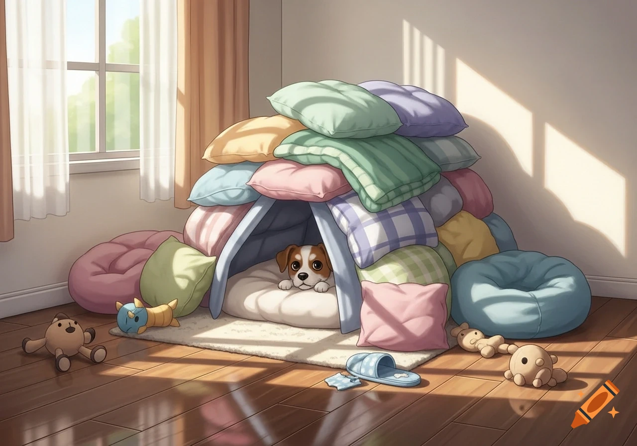 A cute puppy peeking from a cozy fort made of colorful pillows and beanbags in a sunny room. Illustrated style.