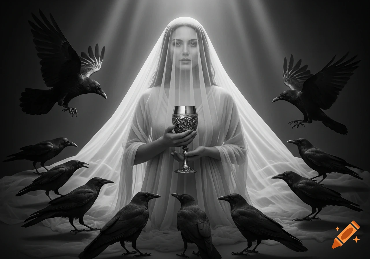 Black and white photo of a veiled goddess holding a goblet, surrounded by crows under ethereal light.