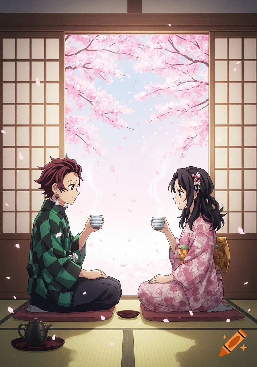 Two anime characters in a traditional Japanese room drink tea, with cherry blossoms visible outside a shoji window.