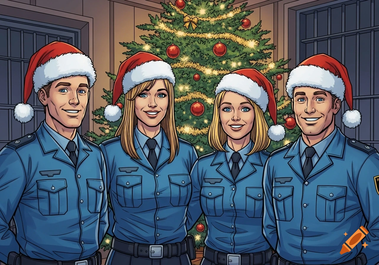 Four smiling prison officers in blue uniforms and Santa hats stand in front of a decorated Christmas tree in a comic style.
