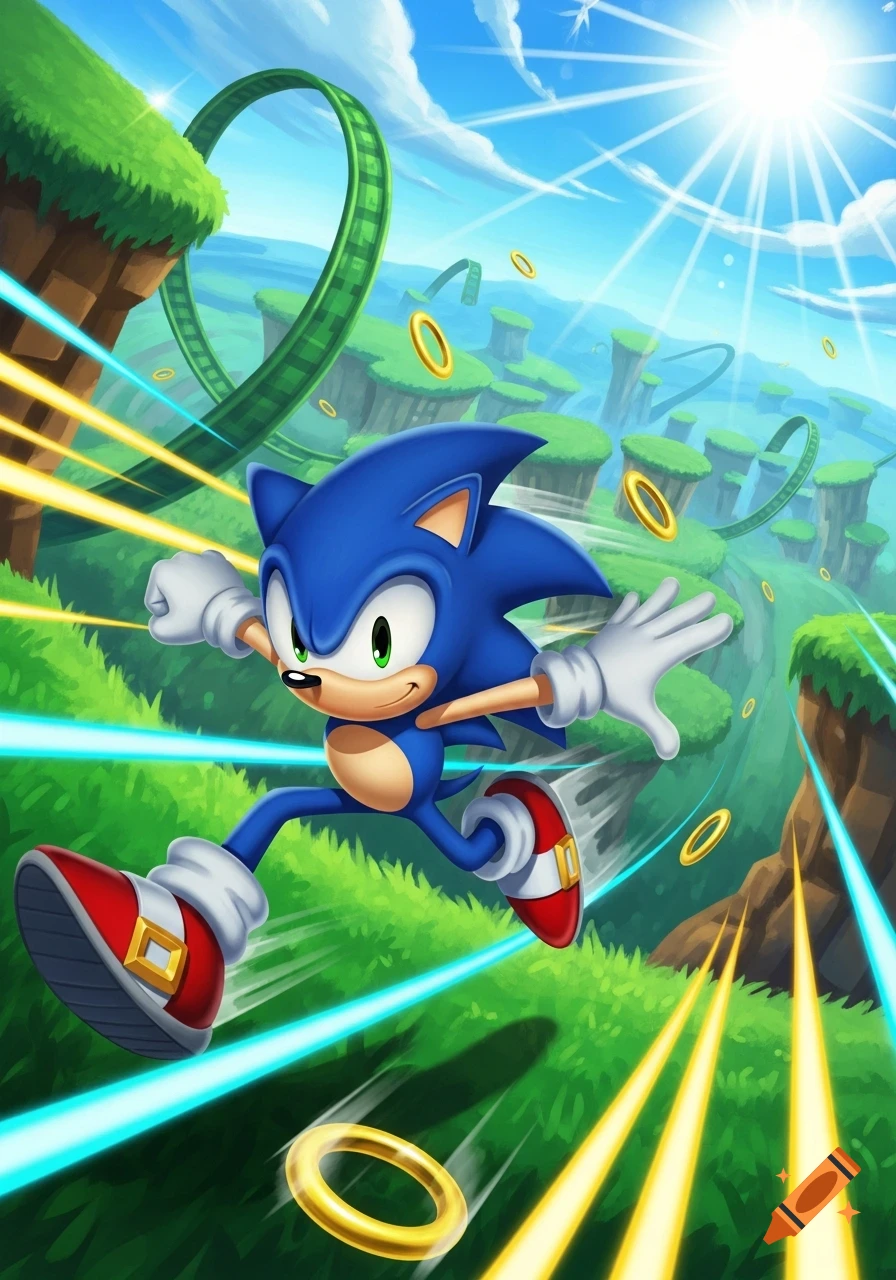 Sonic the Hedgehog runs at super speed through a vibrant green hill zone with golden rings under a bright blue sky.