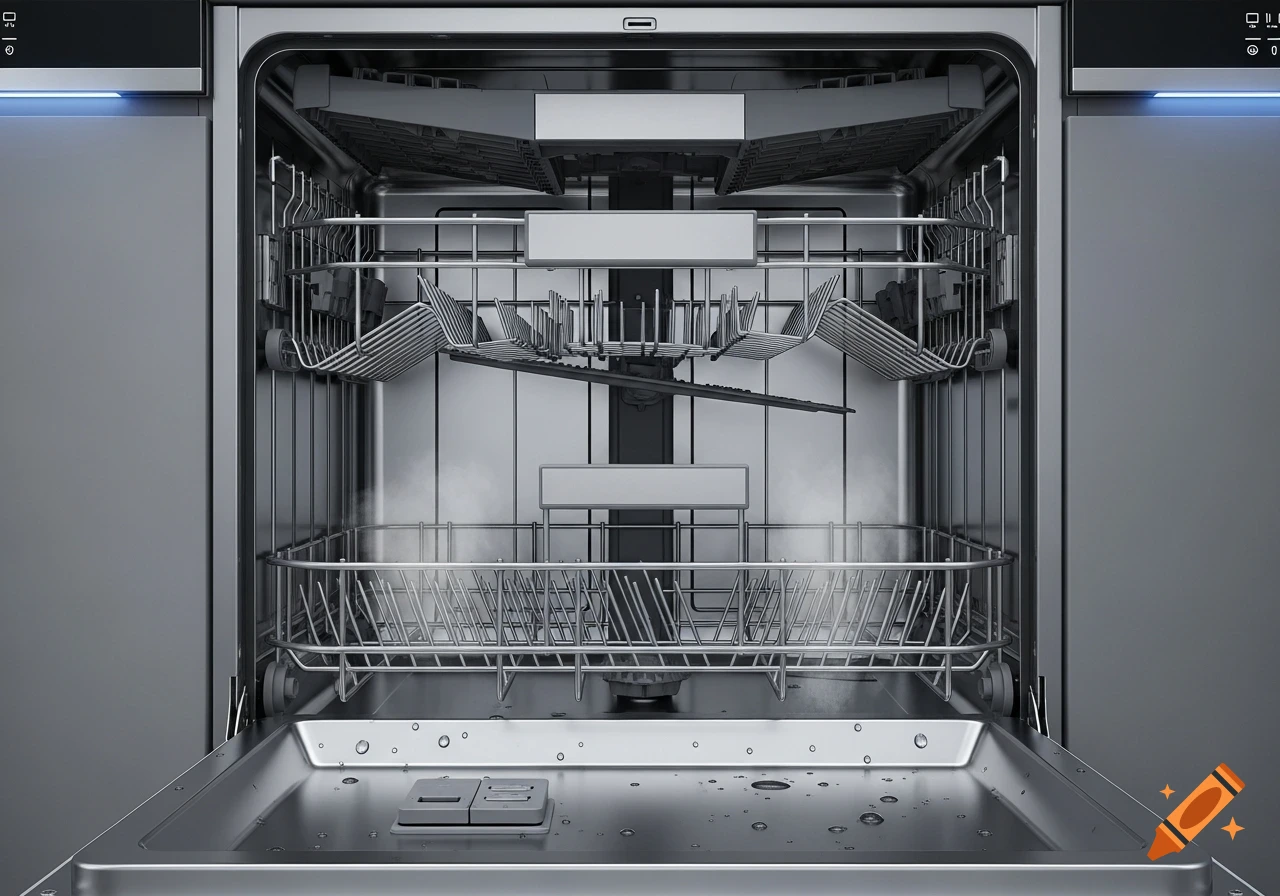 An open, empty dishwasher with shiny metal racks and water droplets on the bottom, captured in a photorealistic style.