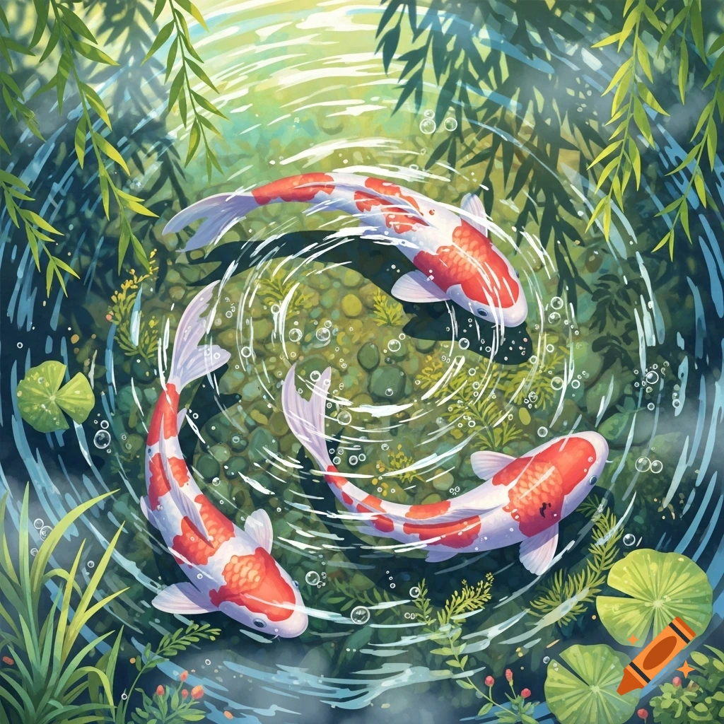 Three vibrant white and red koi fish swim in a clear, green pond with lily pads and underwater plants, creating ripples, in an illustrative style.