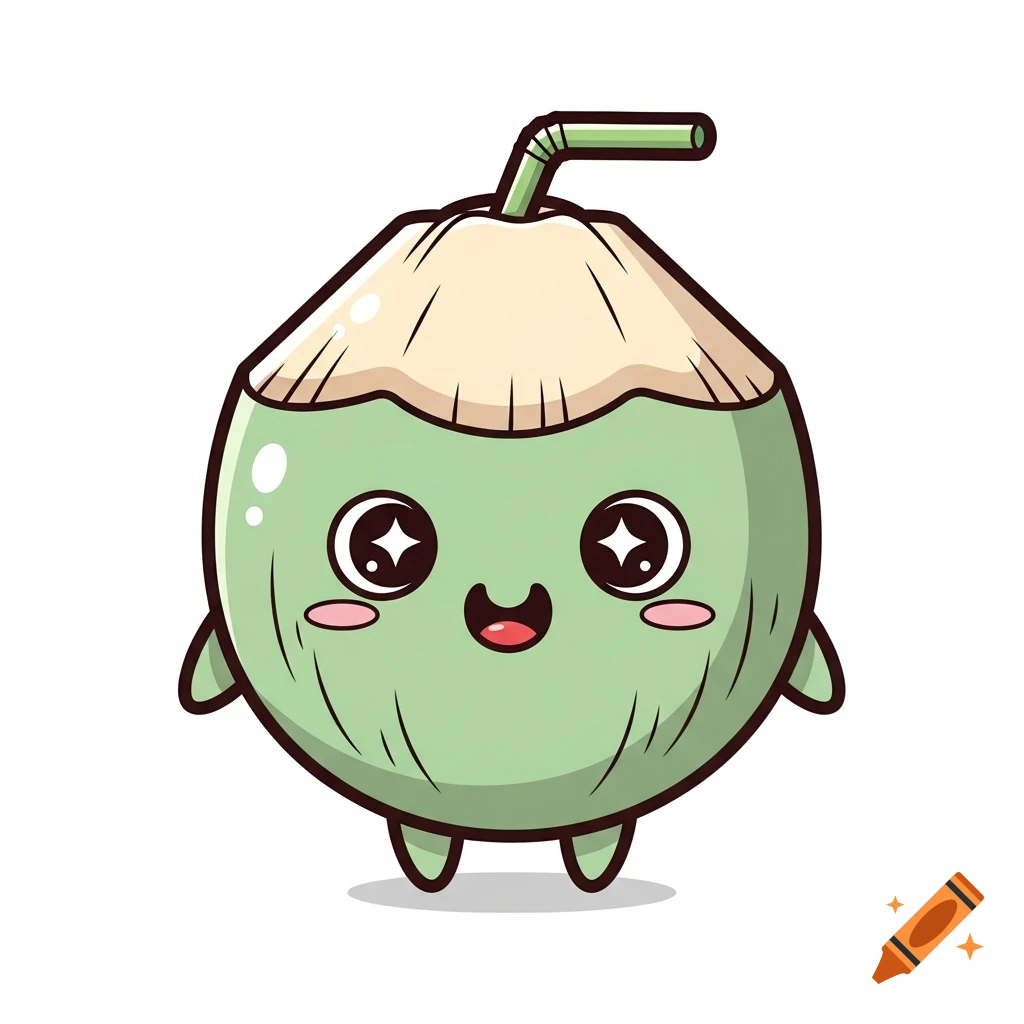 A cute, smiling chibi coconut character with big sparkly eyes and a straw, in a kawaii cartoon style.