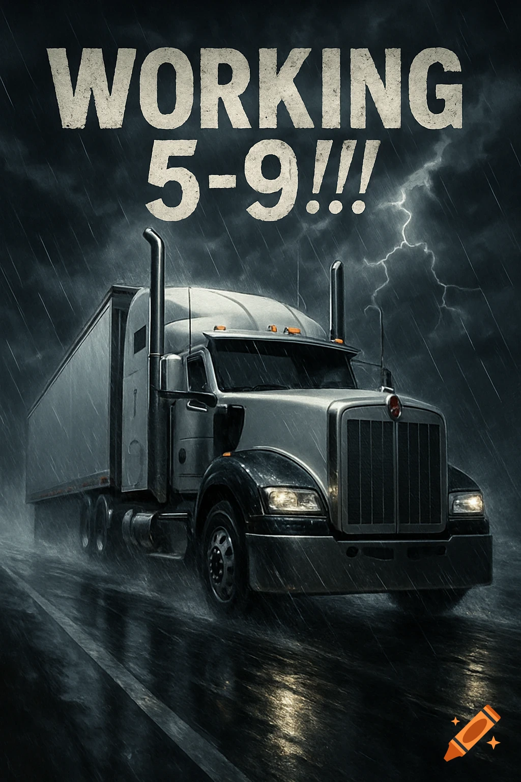 Photorealistic semi-truck driving in heavy rain and lightning with the caption "WORKING 5-9!!!"