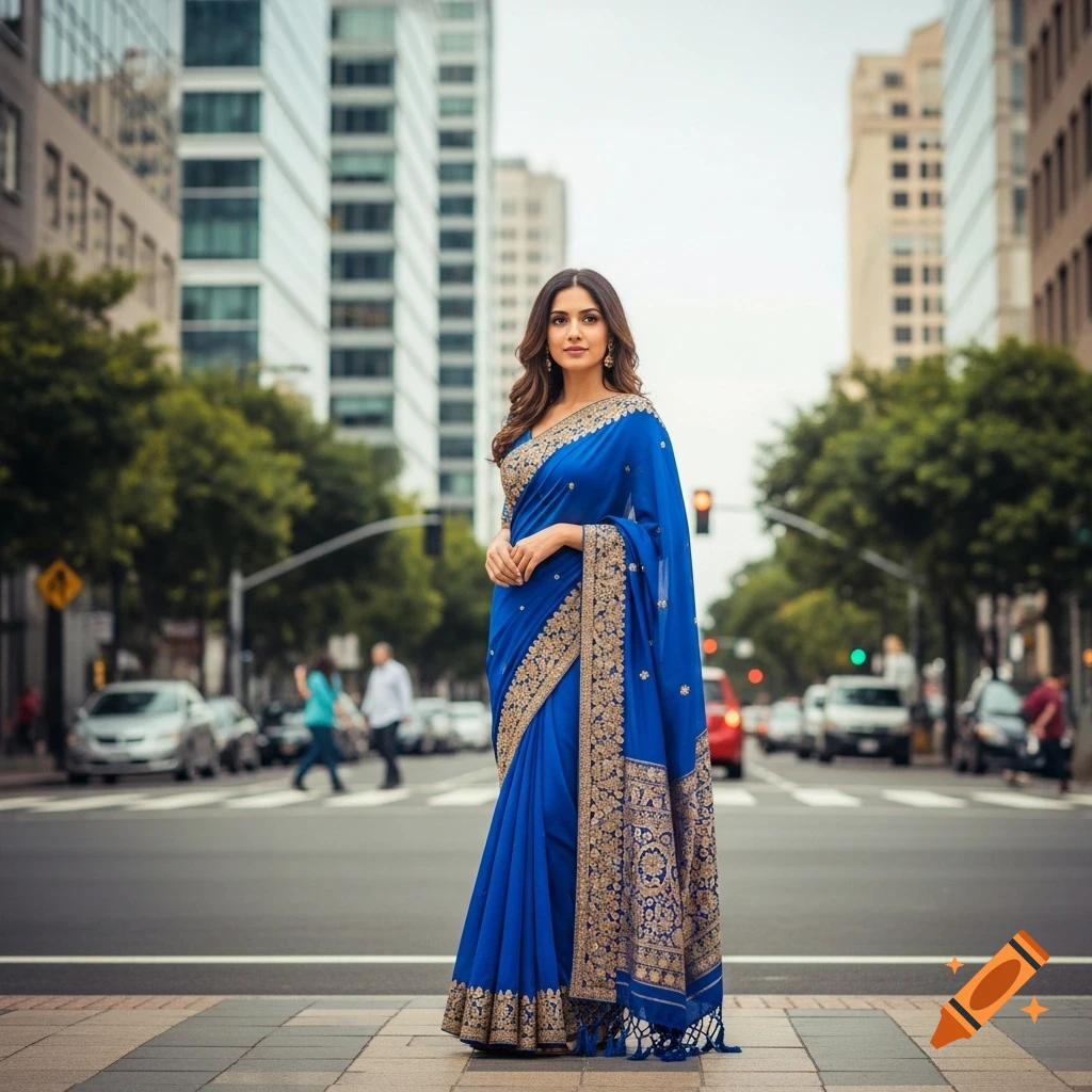 A photorealistic image of a woman in a blue and gold embroidered saree standing gracefully on a city street with tall buildings and cars.