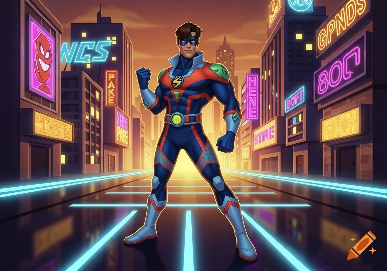 A muscular superhero in a blue, red, and green suit stands in a neon-lit futuristic city street at dusk, clenching his fist in a dynamic, 80s cartoon style.