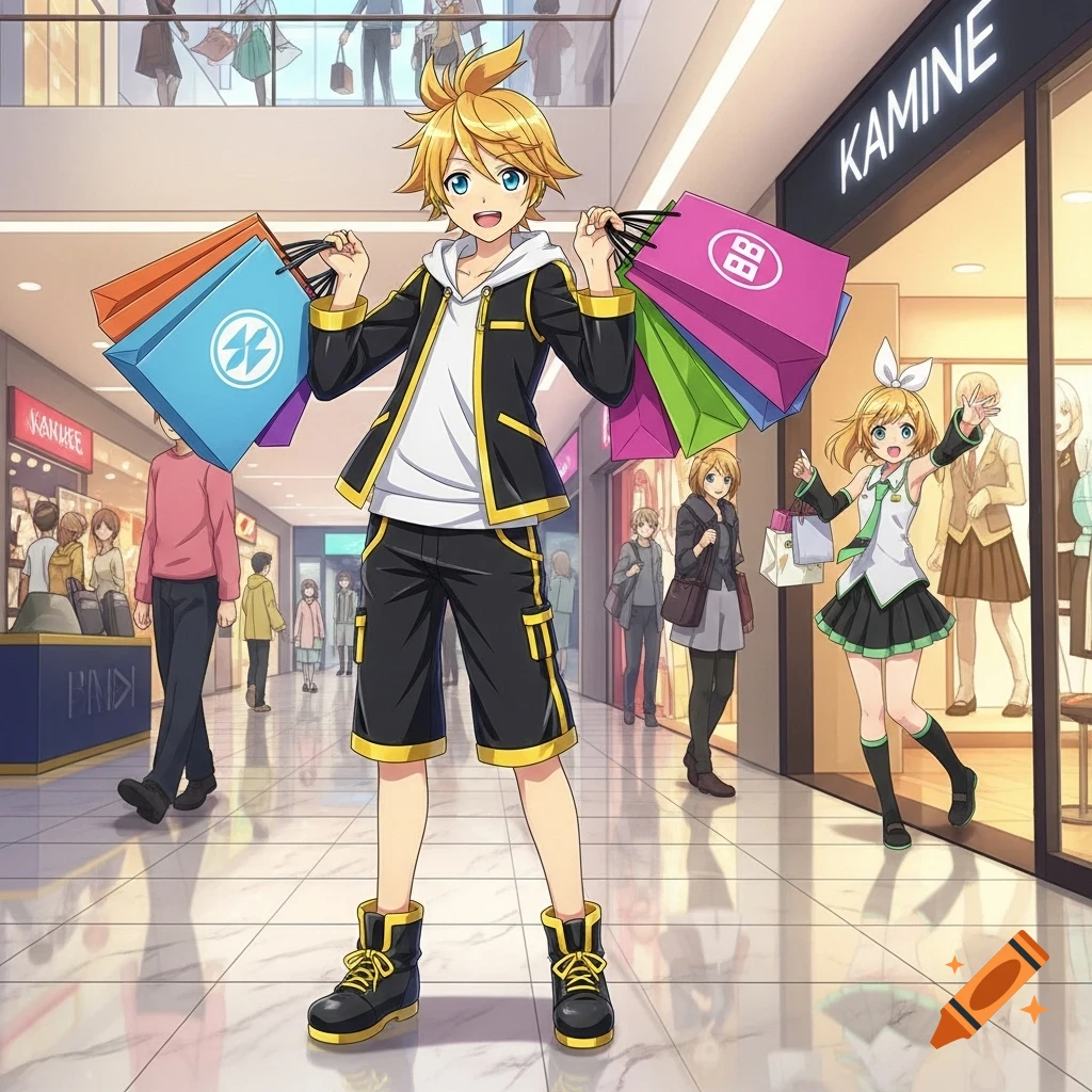 Kagamine Len happily holds multiple colorful shopping bags in a bustling mall, while Kagamine Rin poses playfully nearby.