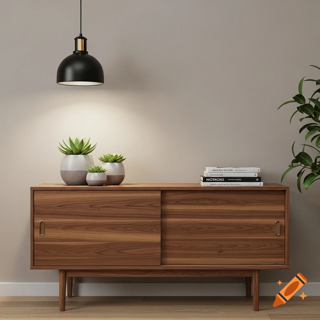 A modern wooden low board with sliding doors against a light grey wall, under a black pendant lamp, with potted succulents and books.