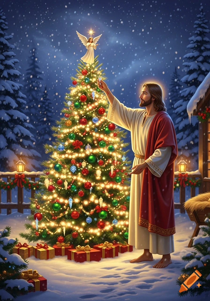 Jesus Christ decorates a brightly lit Christmas tree with an angel topper in a snowy winter scene with presents and a rustic cabin.
