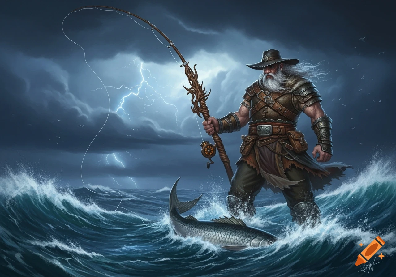 A fantasy fisherman with a long white beard and a wide-brimmed hat stands in a stormy sea with lightning, reeling in a large fish.
