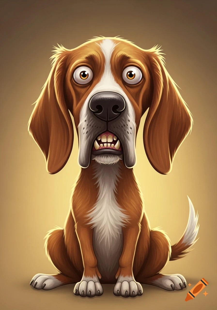 A cartoonish brown and white dog with wide, goofy eyes and crooked teeth, sitting with droopy ears against a warm background.
