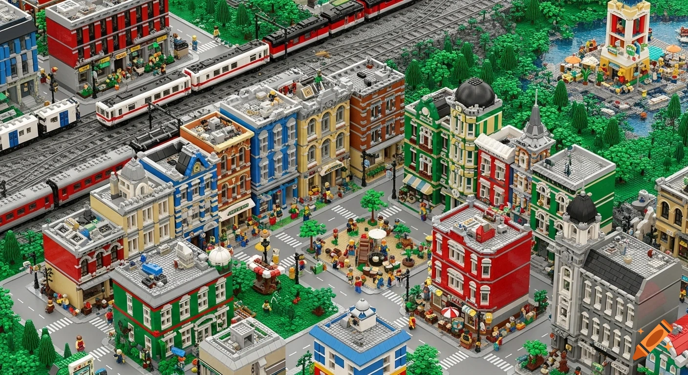 An intricate overhead view of a vibrant Lego city with colorful buildings, multiple trains on tracks, a busy town square, and a waterfront.
