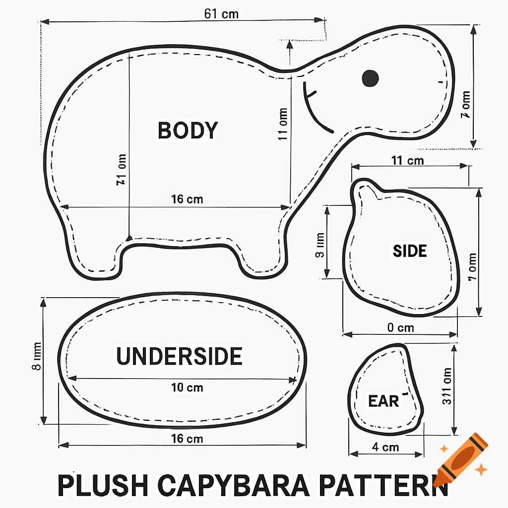 A black and white technical drawing showing a plush capybara pattern with separate pieces for body, underside, side, and ear, including dimensions.