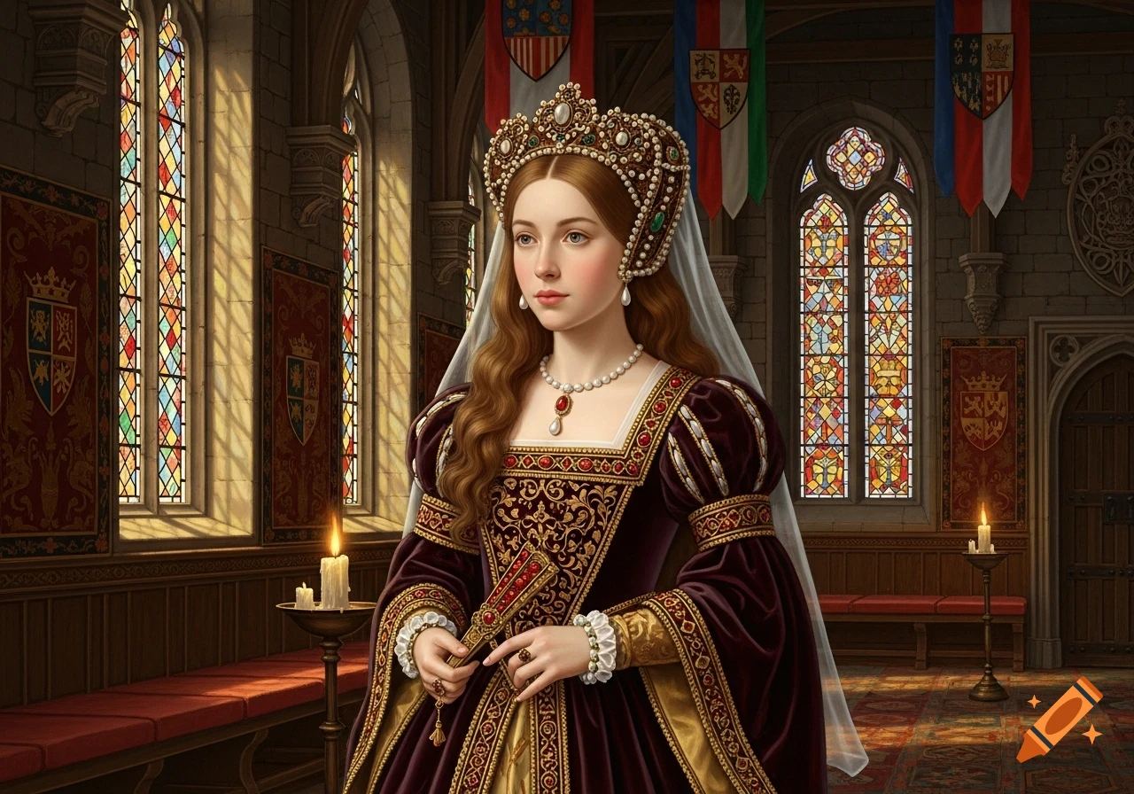 A young Tudor princess in a burgundy and gold gown with a pearl crown and necklace, holding a fan, stands in a castle room with stained glass.