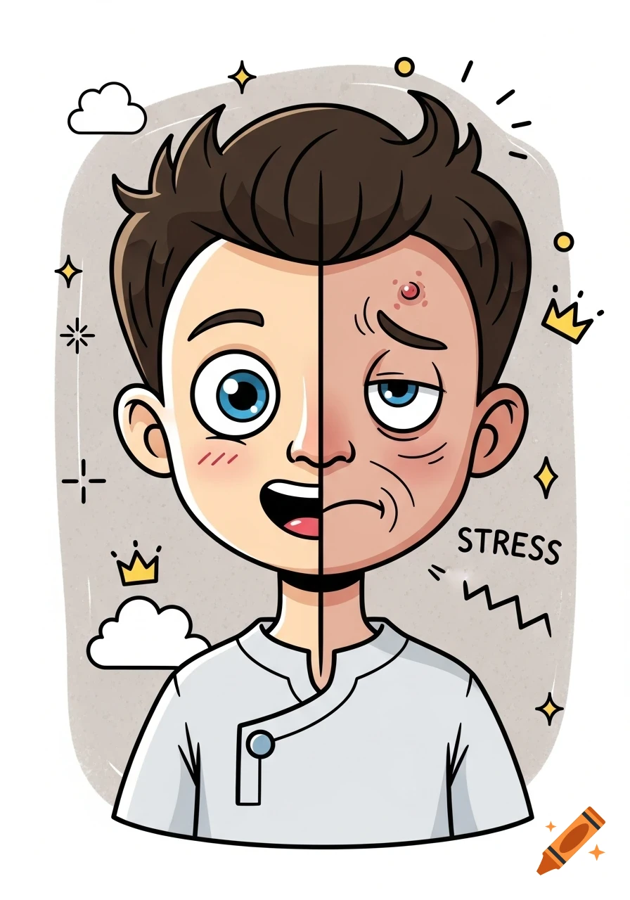 Cartoon illustration of a boy's face, half happy and healthy, half stressed with a pimple and wrinkles, showing the word STRESS.