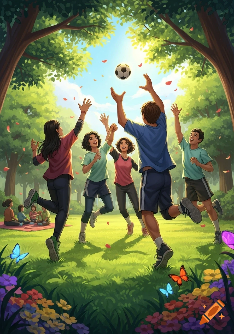 Five friends joyfully play with a soccer ball in a sunny park, surrounded by trees, colorful flowers, and butterflies.
