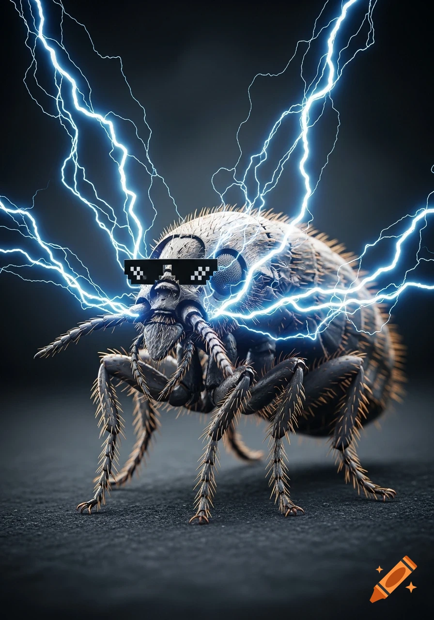 Highly realistic macro shot of a flea wearing pixelated sunglasses, surrounded by blue electrical lightning against a dark background.