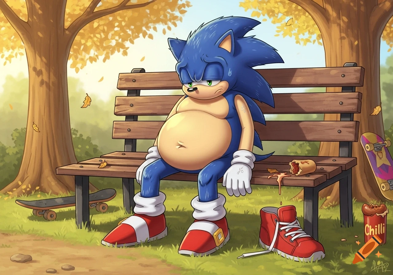 Fat Sonic the Hedgehog sits unhappily on a park bench during autumn, next to a spilled hot dog and a can of chili.
