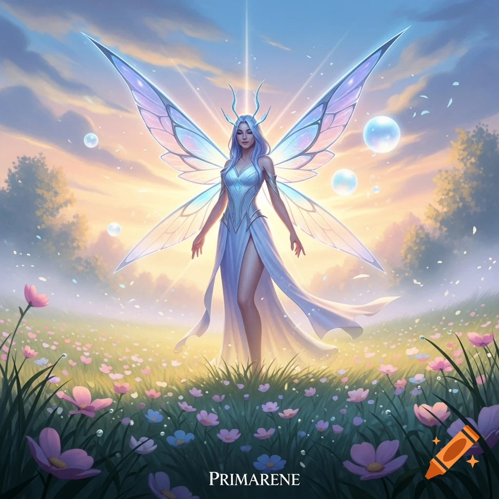 A serene fairy-like woman with iridescent wings and blue hair stands in a field of colorful flowers at sunset, digital art.