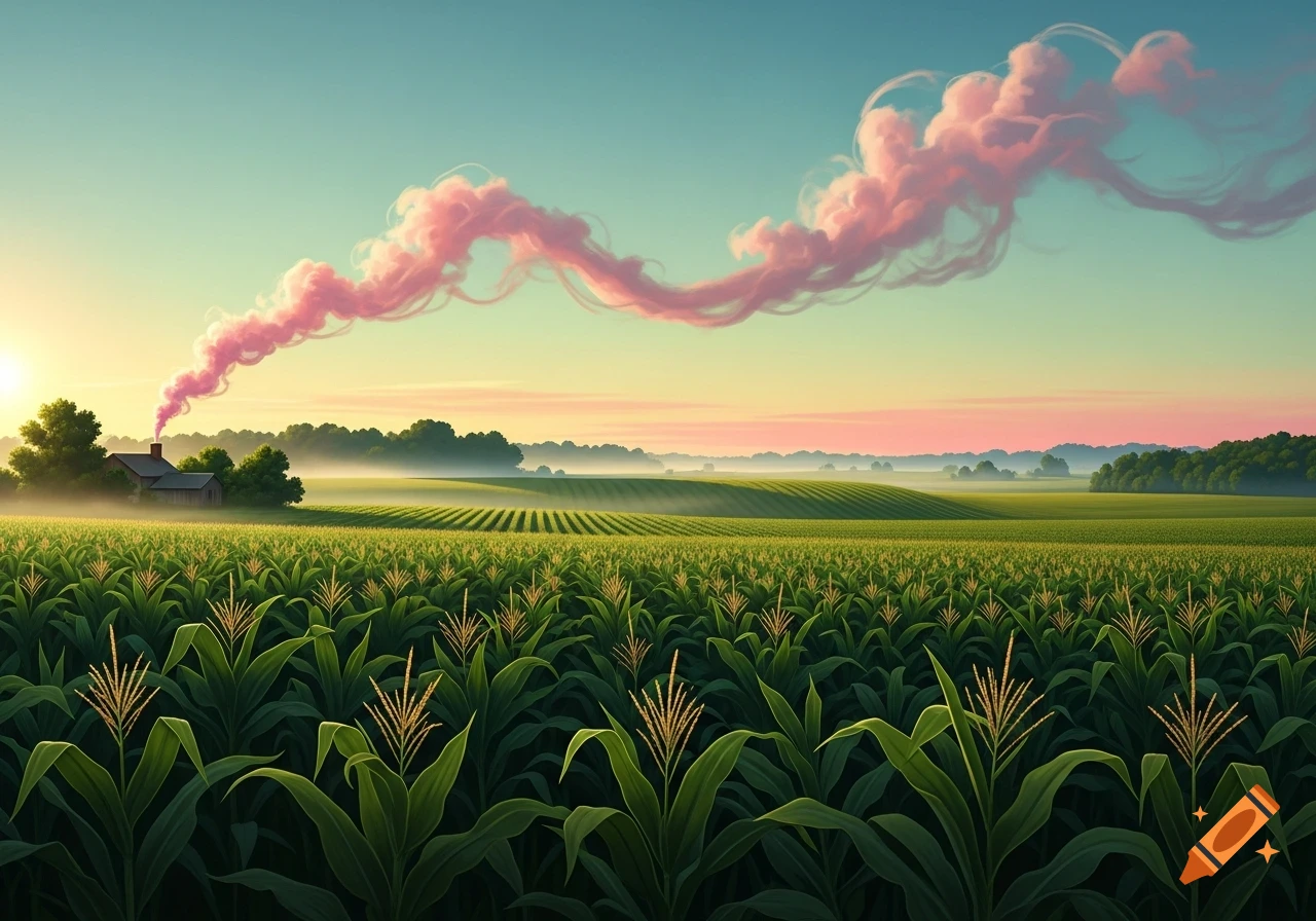 A vibrant sunrise over a lush cornfield with a distant farmhouse, emitting a pink ribbon of smoke.