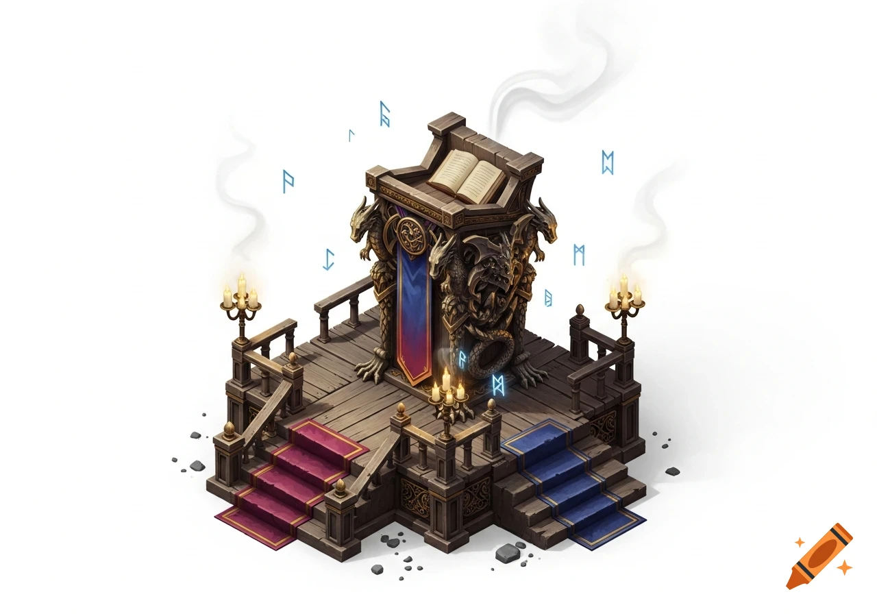 Isometric view of a detailed medieval fantasy podium with dragon statues, an open book, candles, and floating runes, against a white background.