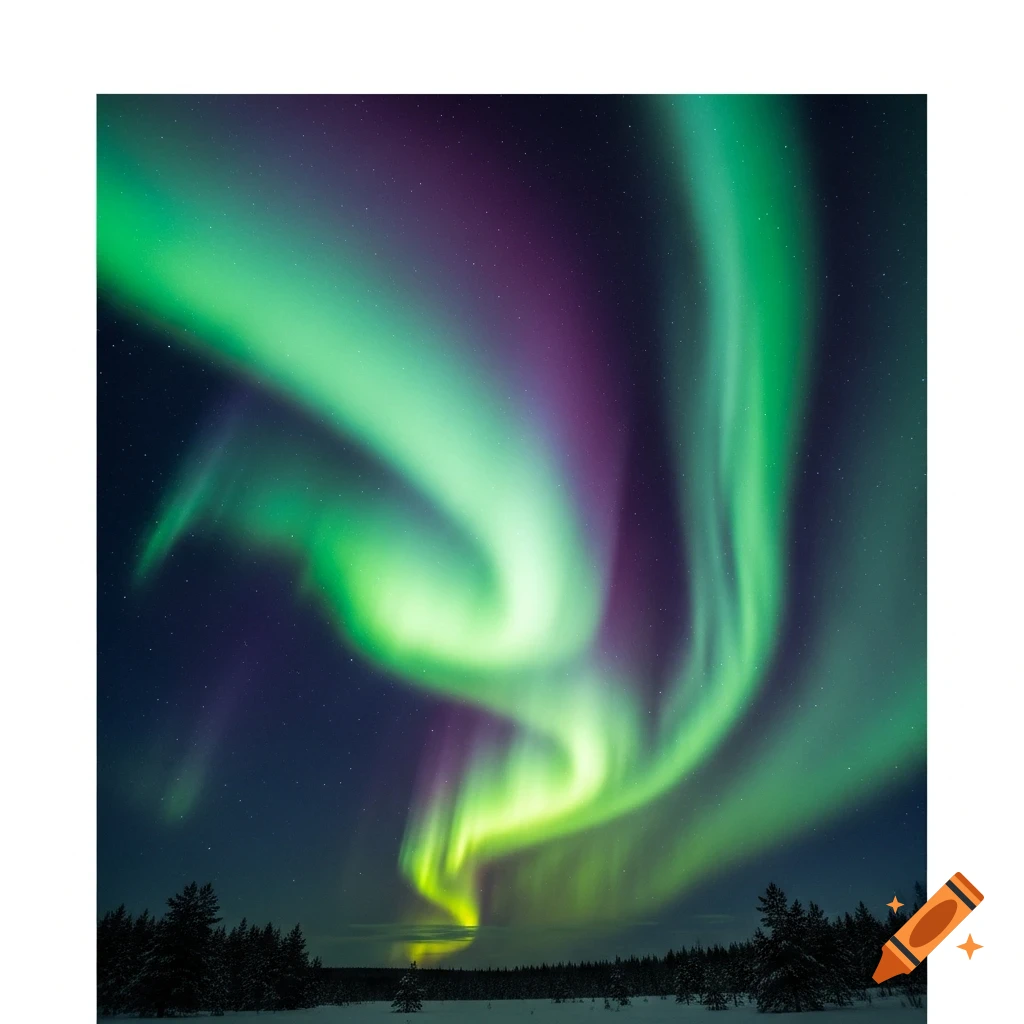 Vibrant green and purple aurora borealis swirl above a dark forest and snow-covered ground under a starry night sky.