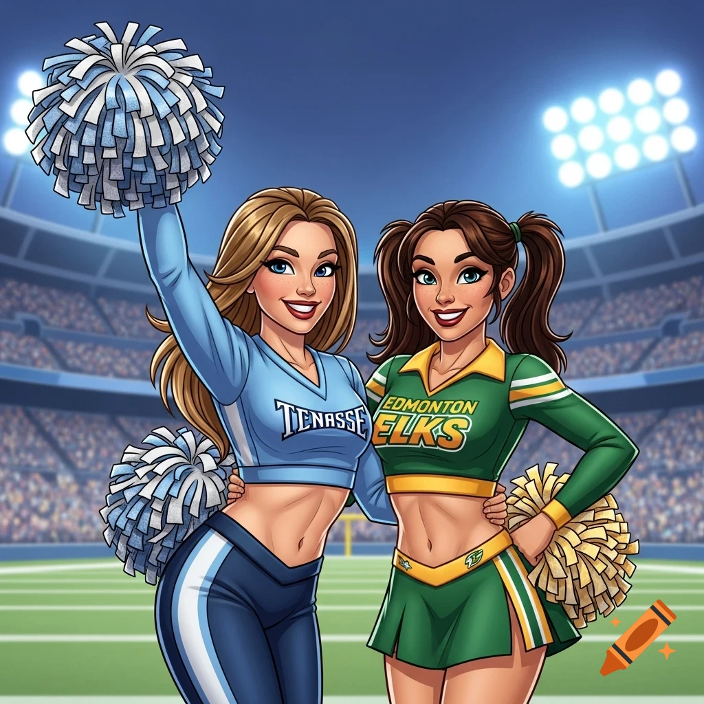 Cartoon image of two smiling cheerleaders in a stadium, one in a light blue 'TENASSE' uniform and the other in a green 'EDMONTON ELKS' uniform.