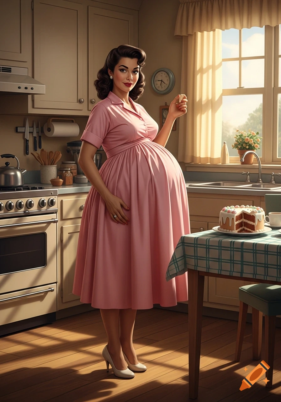 Smiling pregnant woman in a pink 1950s dress and high heels in a sunlit kitchen, holding a cookie next to a half-eaten cake on a table.