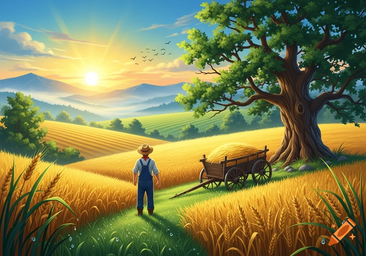 A farmer overlooks golden wheat fields with a large tree, a hay cart, and mountains under a vibrant sunrise in an illustrative style.