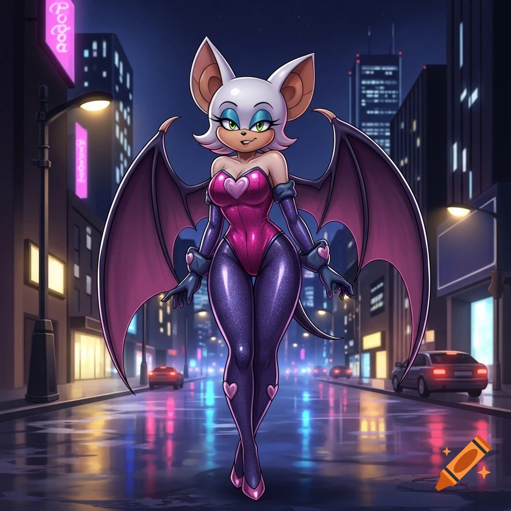 Rouge the Bat with large wings in a sparkly pink and purple bodysuit, walking on a wet city street at night under neon signs.