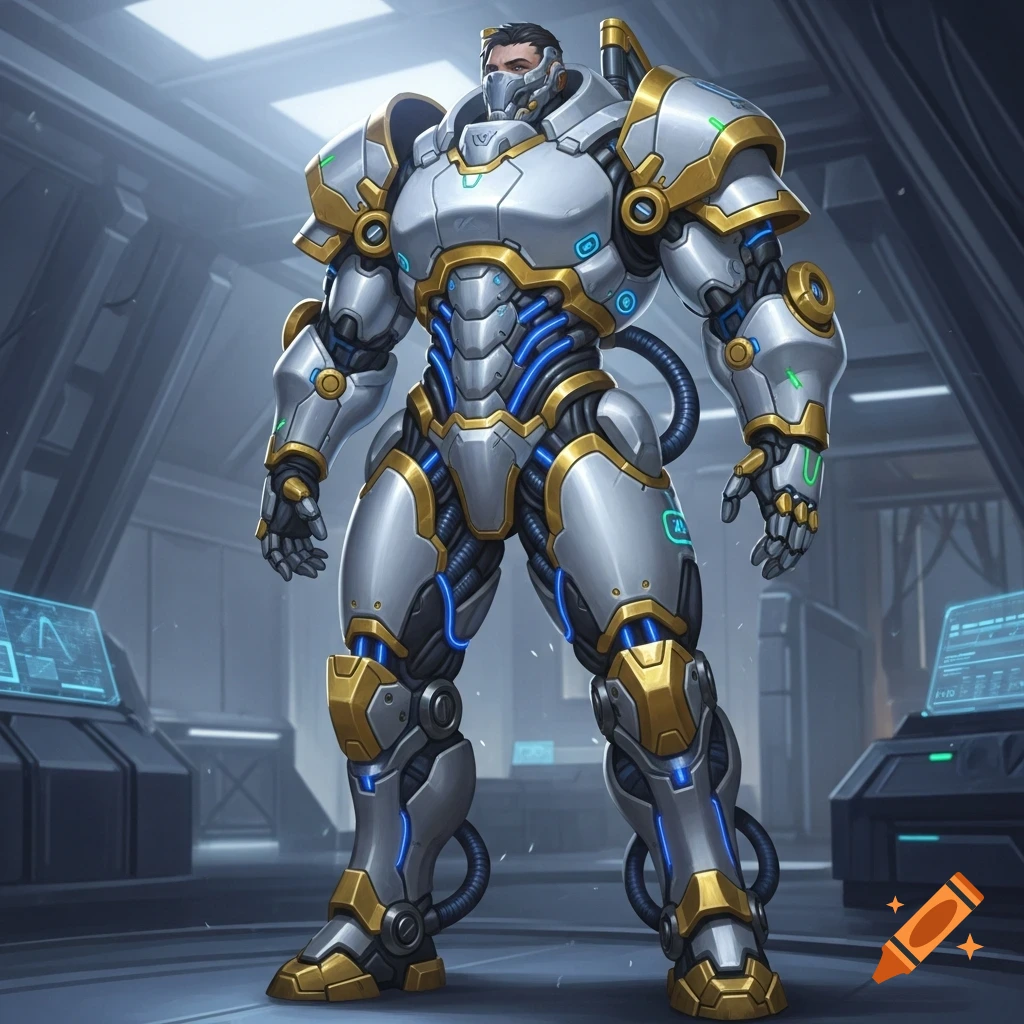 A character in bulky silver, white, and gold futuristic armor with blue glowing accents stands in a sci-fi facility.