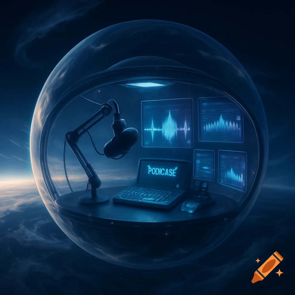 Futuristic podcast studio inside a transparent sphere above Earth, with a laptop, microphone, and sound wave displays.