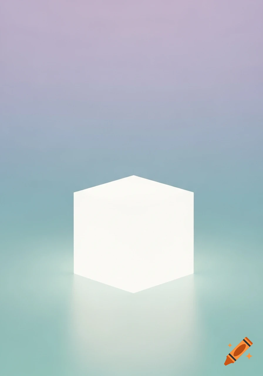 A white cube glows subtly against a gradient background transitioning from purple to teal.