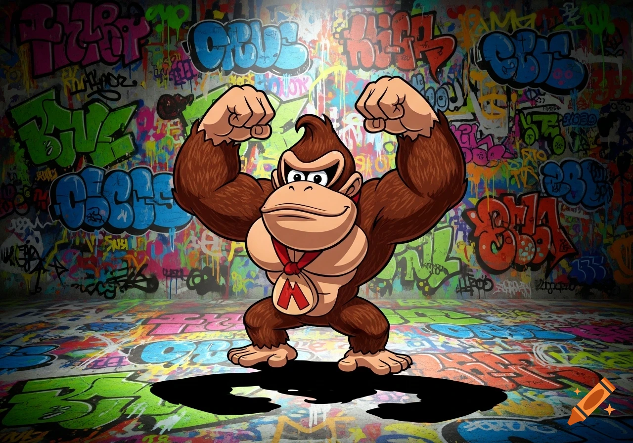Donkey Kong flexing with raised fists against a vibrant, multi-colored graffiti background in a cartoon style.