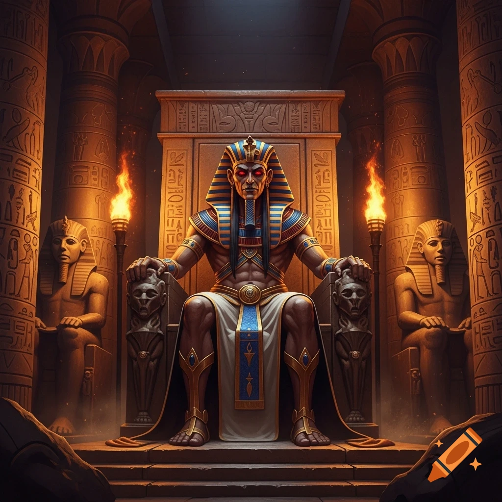 A stylized evil Egyptian pharaoh with glowing red eyes sits on an ornate throne in a dark, torch-lit temple.