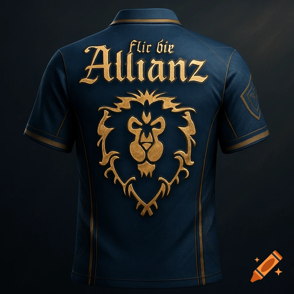 A dark blue jersey with gold trim features a large gold embossed World of Warcraft Alliance lion logo and 'flir bie Allianz' text on the back.