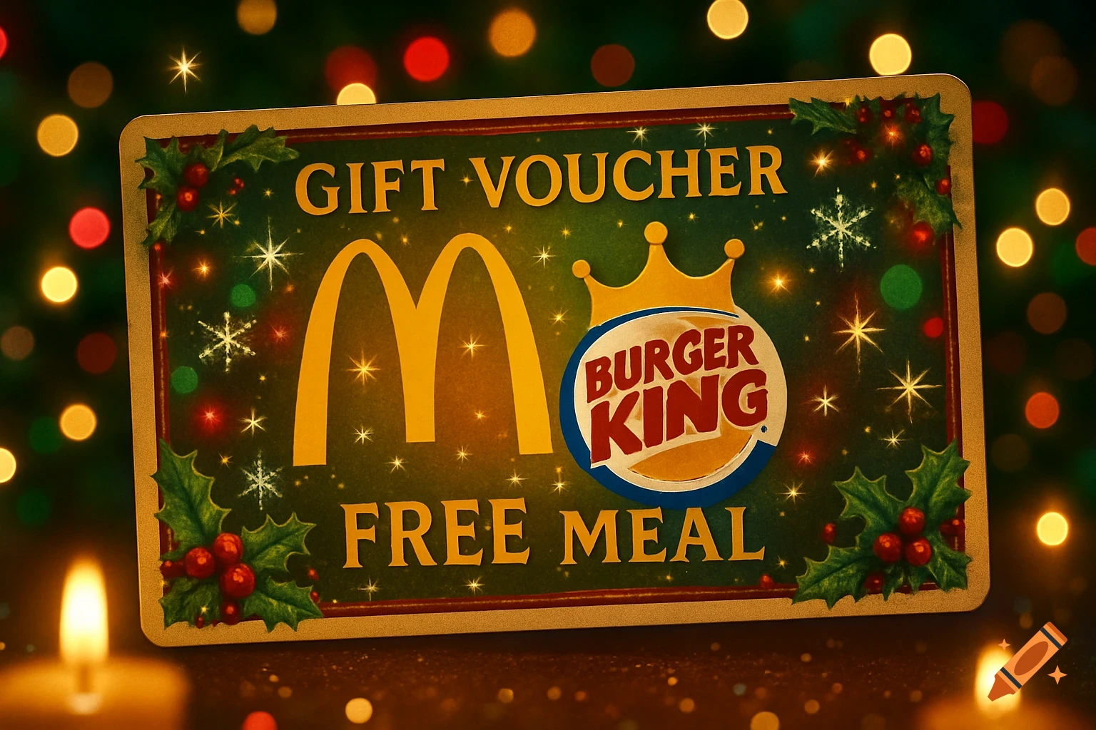 A Christmas gift voucher featuring McDonald's 'M' and Burger King logos, decorated with holly and snowflakes, against a blurred background of festive lights and candles.
